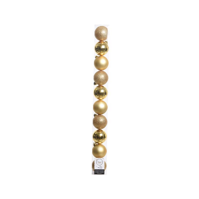 Set of 16 Emery Jensen gold holiday ornaments, decorative ornaments for festive decorating, shown in a pack of 16.