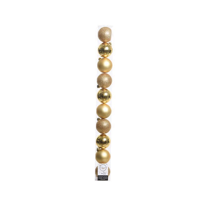 Set of 16 Emery Jensen gold holiday ornaments, decorative ornaments for festive decorating, shown in a pack of 16.