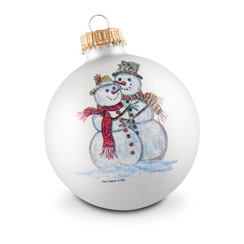Set of four white snowman hanging ornaments by Emery Jensen, decorative holiday ornaments for Christmas decor.
