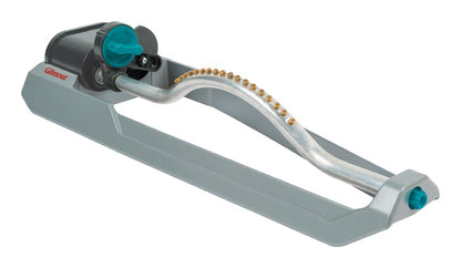 Emery Jensen oscillating metal sprinkler with 3600 square foot coverage, suitable for garden watering and irrigation.