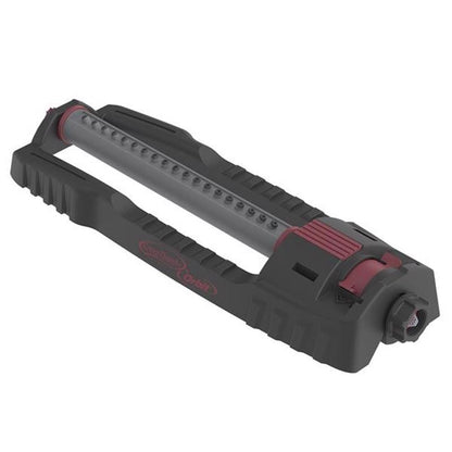 Gray Emery Jensen oscillating sprinkler with adjustable spray pattern for even lawn watering.