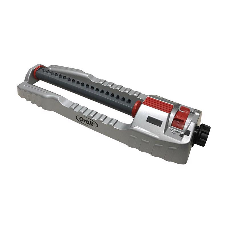 Emery Jensen oscillating sprinkler model 4000SF watering lawn with adjustable spray pattern and range.