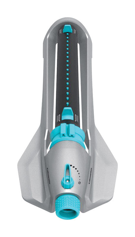 Emery Jensen oscillating metal sprinkler with control knob for adjustable watering, shown in a close-up image.