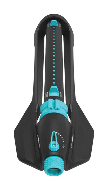 Emery Jensen oscillating sprinkler with flow control adjustment, designed for efficient garden watering.