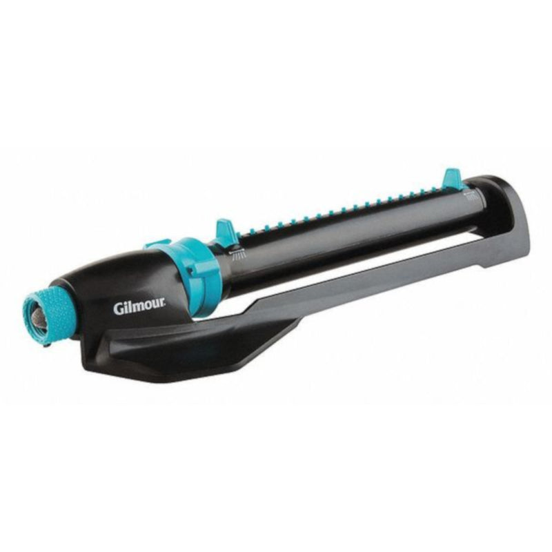 Emery Jensen oscillating sprinkler with evaluation base, adjustable water spray for lawn irrigation.