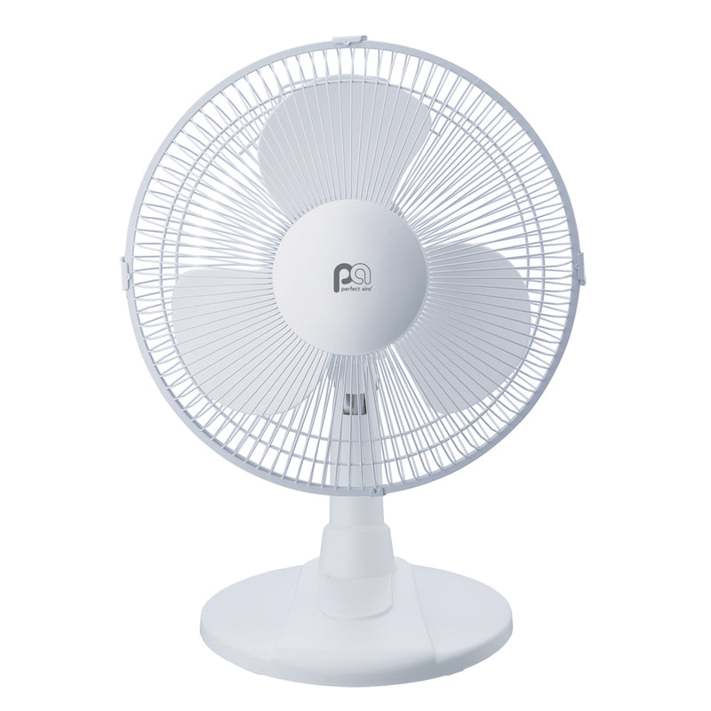Emery Jensen 12-inch oscillating desk top fan with adjustable tilt and black finish, ideal for cooling small spaces.