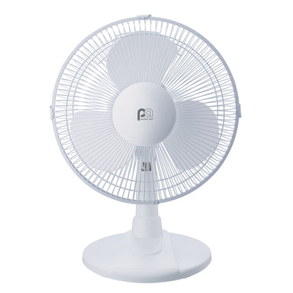 Emery Jensen 12-inch oscillating desk top fan with adjustable tilt and black finish, ideal for cooling small spaces.