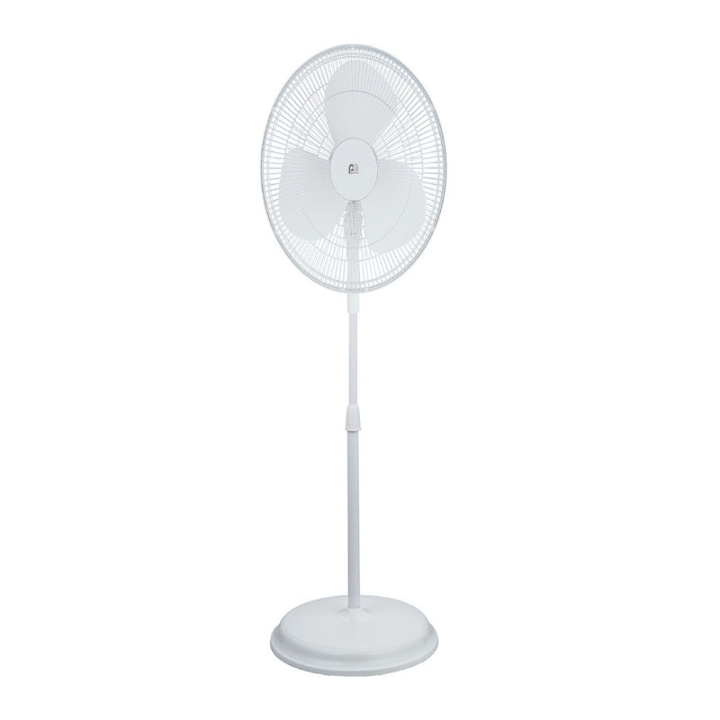 Emery Jensen 16-inch oscillating pedestal fan with stand and wall mount options, black metal frame and adjustable height.