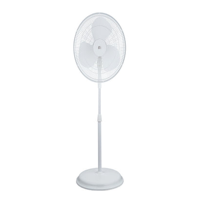 Emery Jensen 16-inch oscillating pedestal fan with stand and wall mount options, black metal frame and adjustable height.