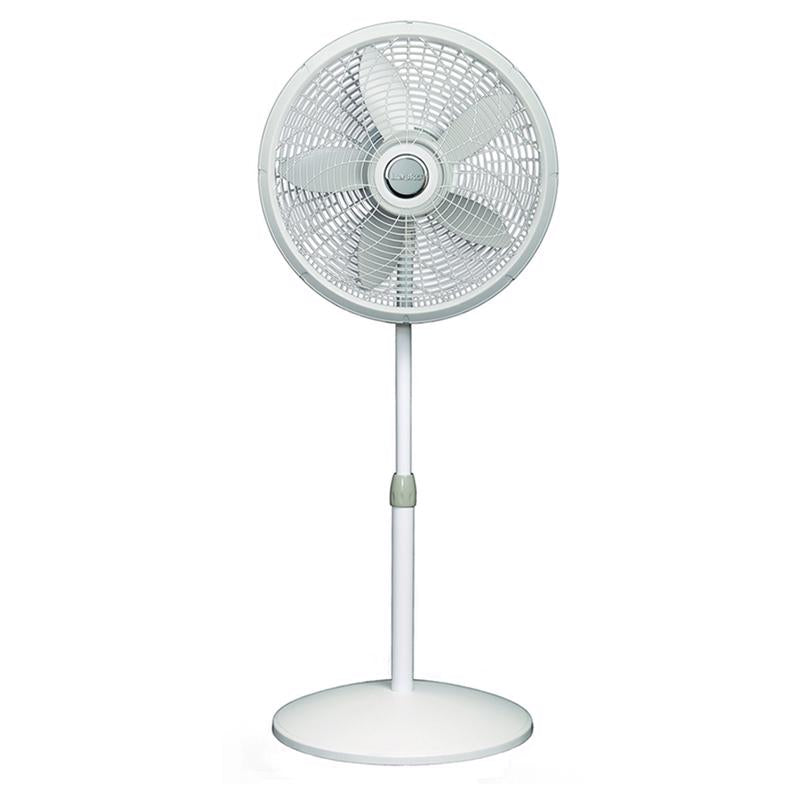 Emery Jensen 18-inch white oscillating pedestal fan with adjustable height and stable base for indoor cooling.