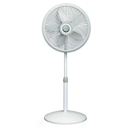 Emery Jensen 18-inch white oscillating pedestal fan with adjustable height and stable base for indoor cooling.