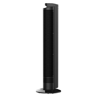 Black Emery Jensen oscillating tower fan, 42.2 inches tall, standing or wall-mounted with adjustable settings.