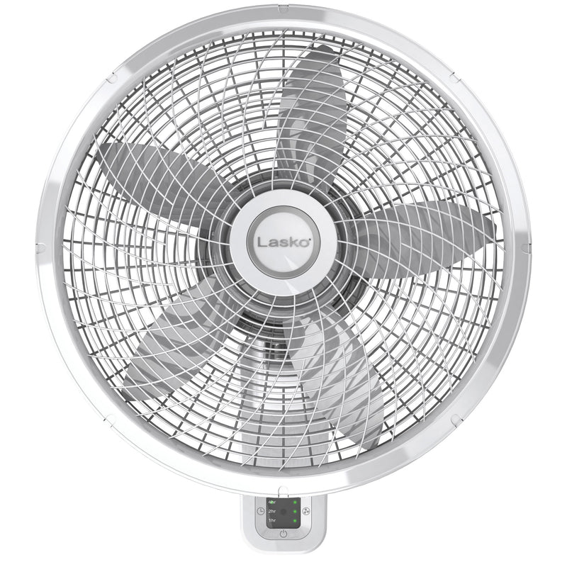 Emery Jensen 18-inch white oscillating stand and wall fan, showcasing adjustable blades and sturdy base for cooling airflow.