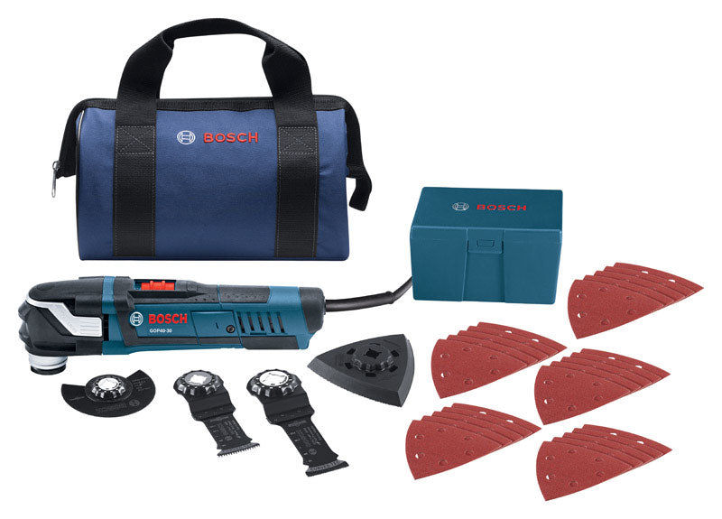 Emery Jensen oscillating multi-tool with accessories and storage bag, versatile power tool for cutting, sanding, and grinding tasks.