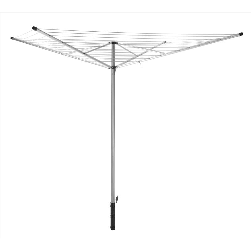 Aluminum outdoor clothes dryer rack, 77 inches tall, by Emery Jensen, with multiple drying bars for outdoor laundry drying.