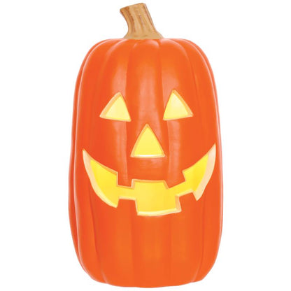 Emery Jensen 16-inch Halloween pumpkin outdoor decoration with carved face for festive outdoor decor.