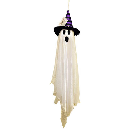 Emery Jensen outdoor ghost decoration with a hat, ideal for Halloween or spooky outdoor decor, hanging with a friendly ghost face.