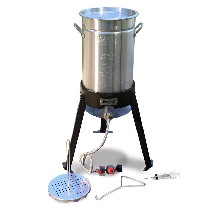 Emery Jensen 30-quart outdoor turkey fryer kit with included pot, basket, and accessories for outdoor cooking.