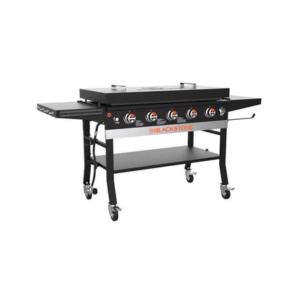 Emery Jensen 44-inch black outdoor grilling station with multiple burners and storage shelves, ideal for outdoor cooking.