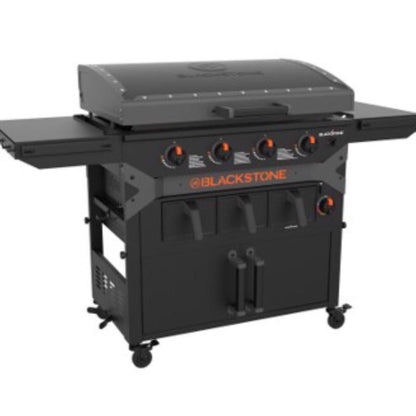 Black 36-inch outdoor griddle by Emery Jensen with a handle, designed for outdoor cooking and grilling.