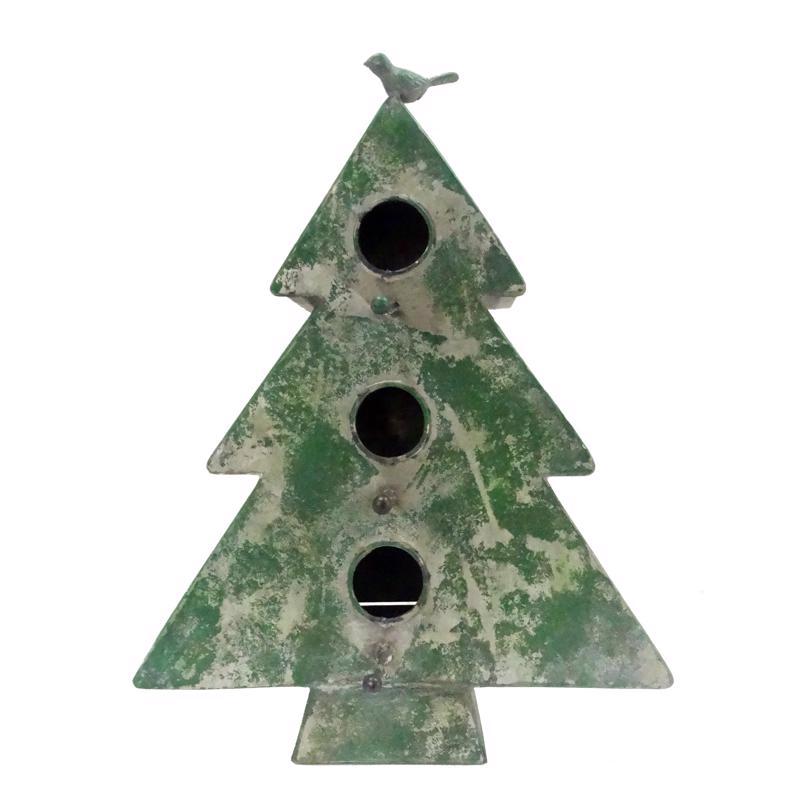 Set of four Emery Jensen CMAS Tree Birdhouses for outdoor hanging decor, featuring rustic wooden design and small entry holes.