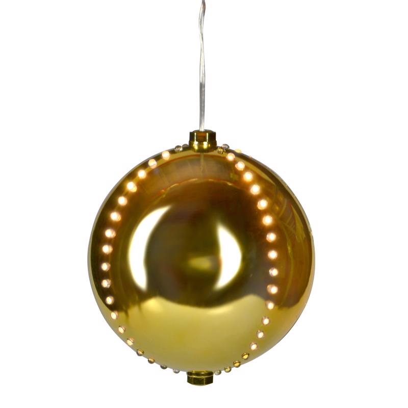 Emery Jensen 6-inch lighted outdoor hanging ornament in gold, decorative holiday ornament with glowing lights.