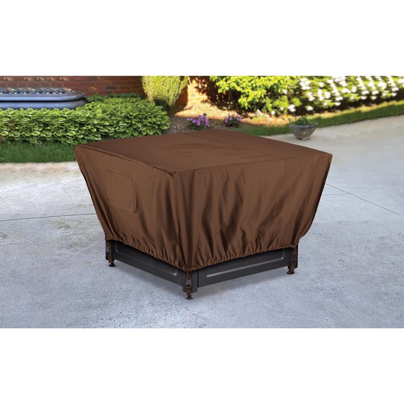 Emery Jensen outdoor fire pit cover in brown, weather-resistant outdoor heating accessory to protect fire pits.
