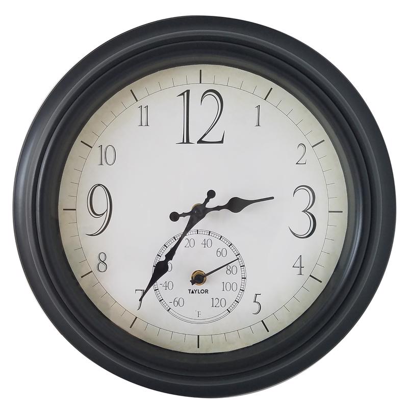 Two black outdoor Emery Jensen 14-inch large dial clock and thermometer packs, featuring bold time and temperature display.
