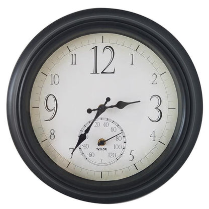 Two black outdoor Emery Jensen 14-inch large dial clock and thermometer packs, featuring bold time and temperature display.