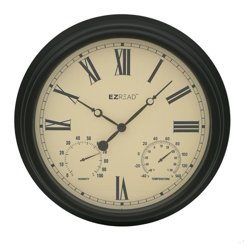 Set of four Emery Jensen outdoor large dial clock, thermometer, and hygrometer with black frames, ideal for outdoor use.