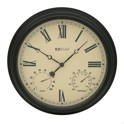 Set of four Emery Jensen outdoor large dial clock, thermometer, and hygrometer with black frames, ideal for outdoor use.