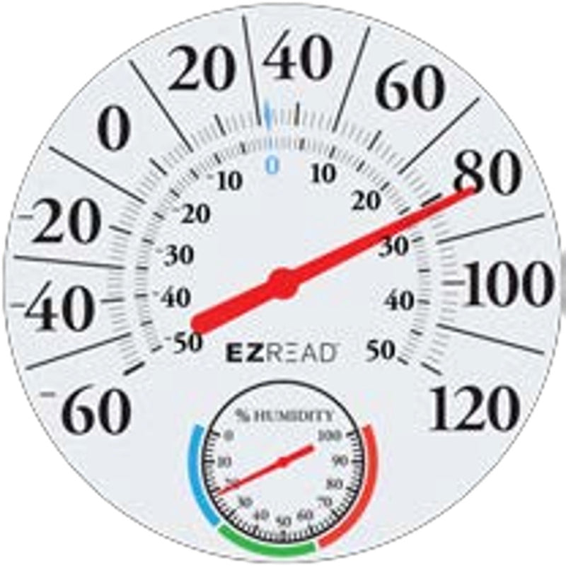 Emery Jensen outdoor large dial thermometer and humidity gauge in white with clear, easy-to-read display.