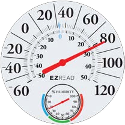Emery Jensen outdoor large dial thermometer and humidity gauge in white with clear, easy-to-read display.