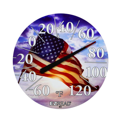 Emery Jensen outdoor large dial thermometer with USA flag design, displaying temperature in clear, easy-to-read format.