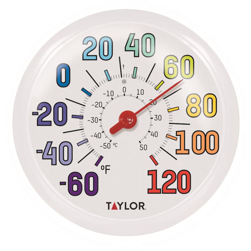 Emery Jensen outdoor large dial thermometer measuring 13.25 inches, with clear temperature display and sturdy outdoor design.