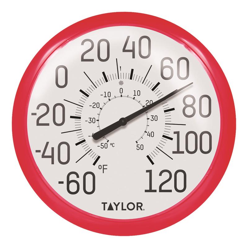 Emery Jensen outdoor large dial thermometer with a red bezel, displaying temperature readings in Celsius and Fahrenheit.