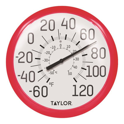 Emery Jensen outdoor large dial thermometer with a red bezel, displaying temperature readings in Celsius and Fahrenheit.