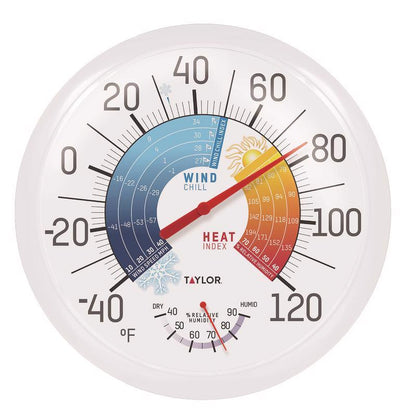 Emery Jensen outdoor large dial thermometer measuring 13.25 inches, with a wind-resistant design and clear temperature display.