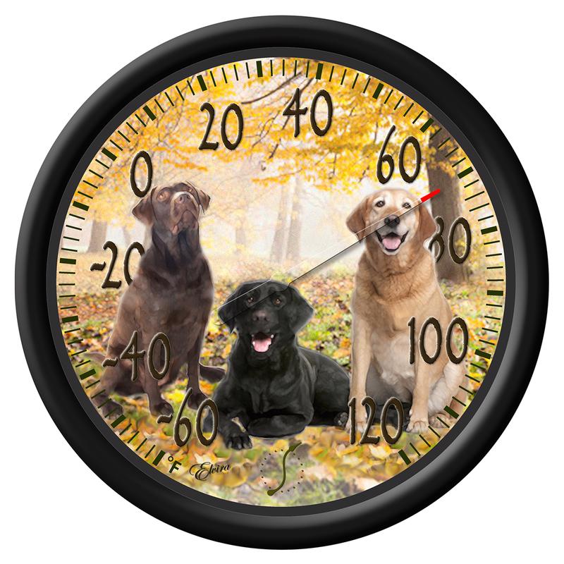 Emery Jensen outdoor large dial thermometer with in and out temperature indicators, black dial with clear temperature markings.