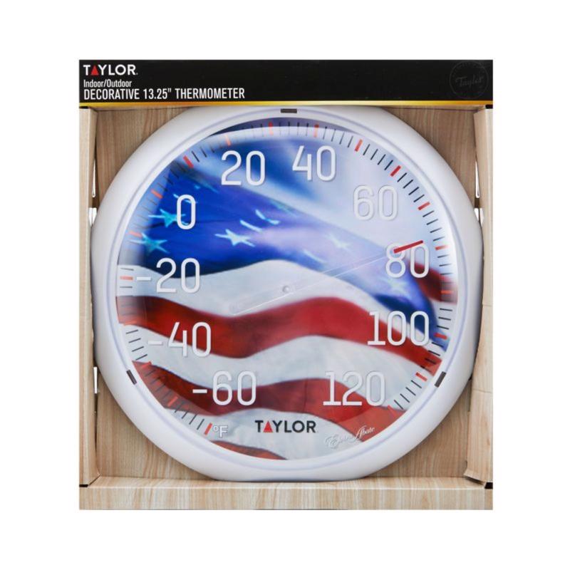 Emery Jensen outdoor large dial thermometer with US flag design, 13.25-inch display for accurate outdoor temperature reading.
