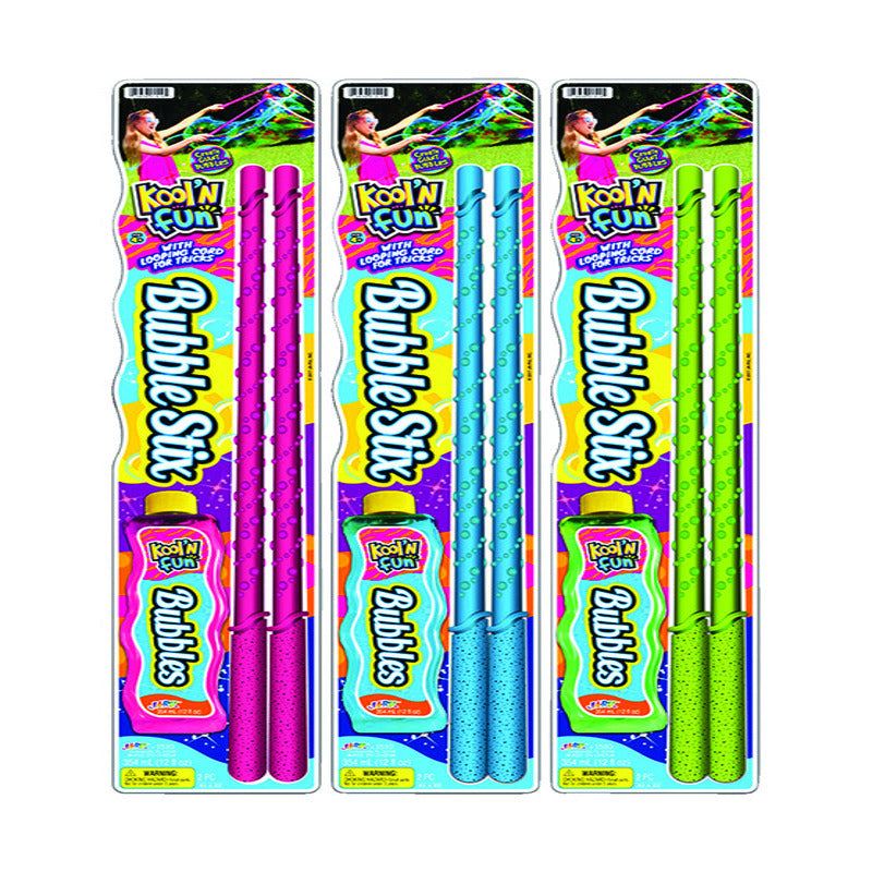 Six 12oz bottles of Emery Jensen Bubble Stix outdoor toy solution in a pack, ideal for outdoor bubble blowing fun.