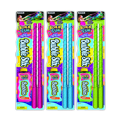 Six 12oz bottles of Emery Jensen Bubble Stix outdoor toy solution in a pack, ideal for outdoor bubble blowing fun.