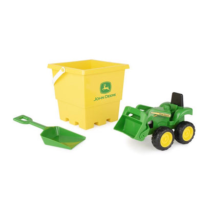 Emery Jensen John Deere sandbox 3-piece outdoor toy set with green and yellow plastic shovels and buckets for kids.