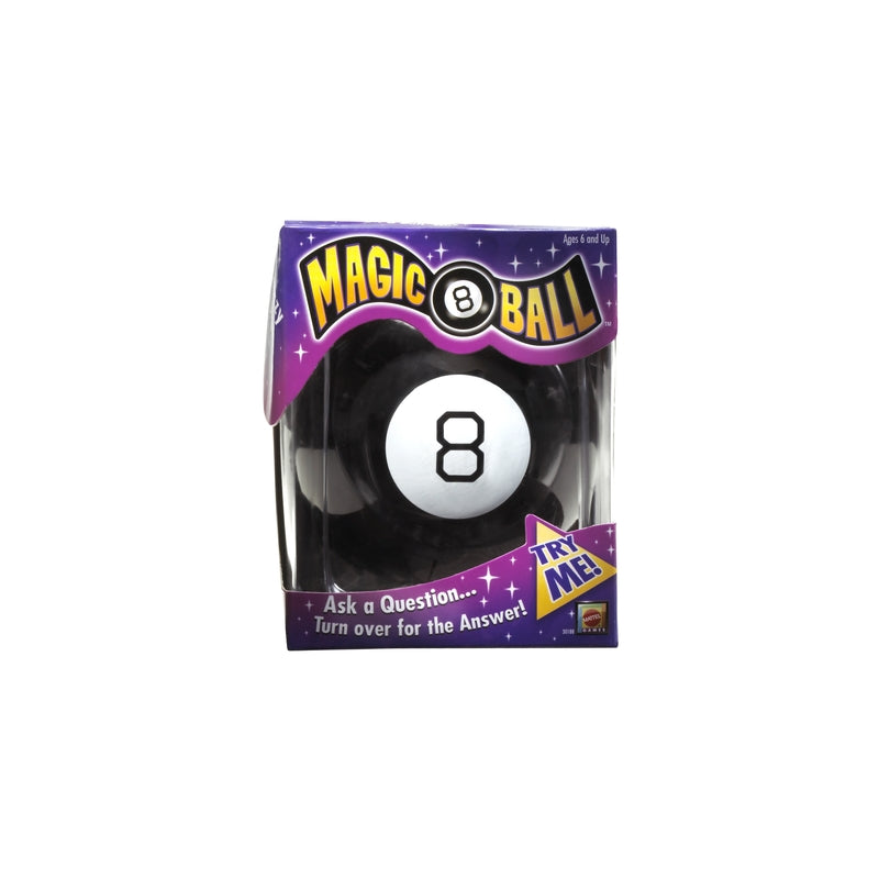 Black and white Magic 8 Ball outdoor toy by Emery Jensen for children aged 6 and up, shown in a playful outdoor setting.