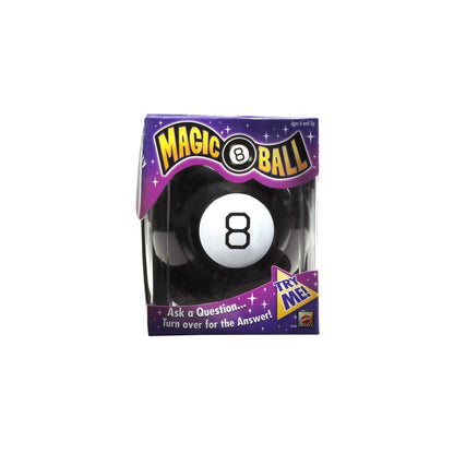 Black and white Magic 8 Ball outdoor toy by Emery Jensen for children aged 6 and up, shown in a playful outdoor setting.