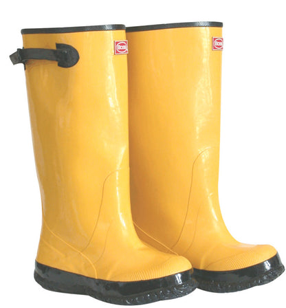 Yellow 17-inch rubber overshoes or boots by Emery Jensen, size 10, designed for waterproof protection and durability.