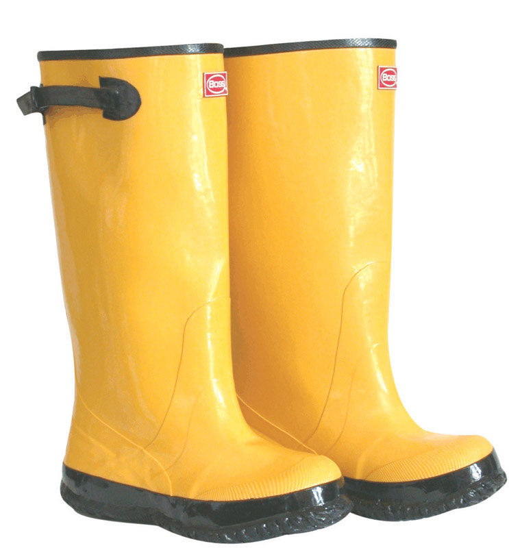 Yellow 17-inch rubber overshoes or boots by Emery Jensen, size 12, designed to protect footwear from wet conditions.