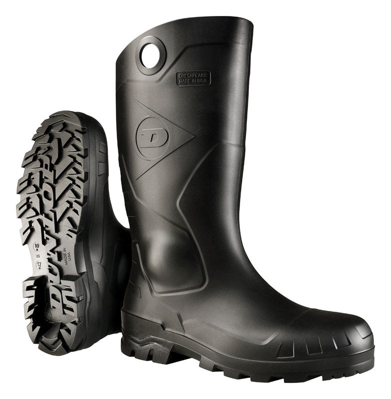 Black waterproof overshoes or boots by Emery Jensen, 14-inch size 11, designed for protection and durability.
