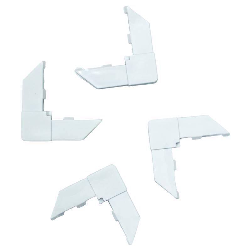 Emery Jensen packaged white screen frame corner for window or door installation, showing a close-up of the corner piece.