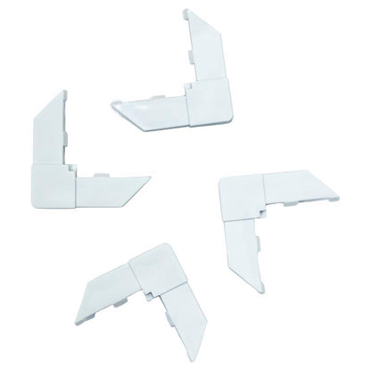 Emery Jensen packaged white screen frame corner for window or door installation, showing a close-up of the corner piece.